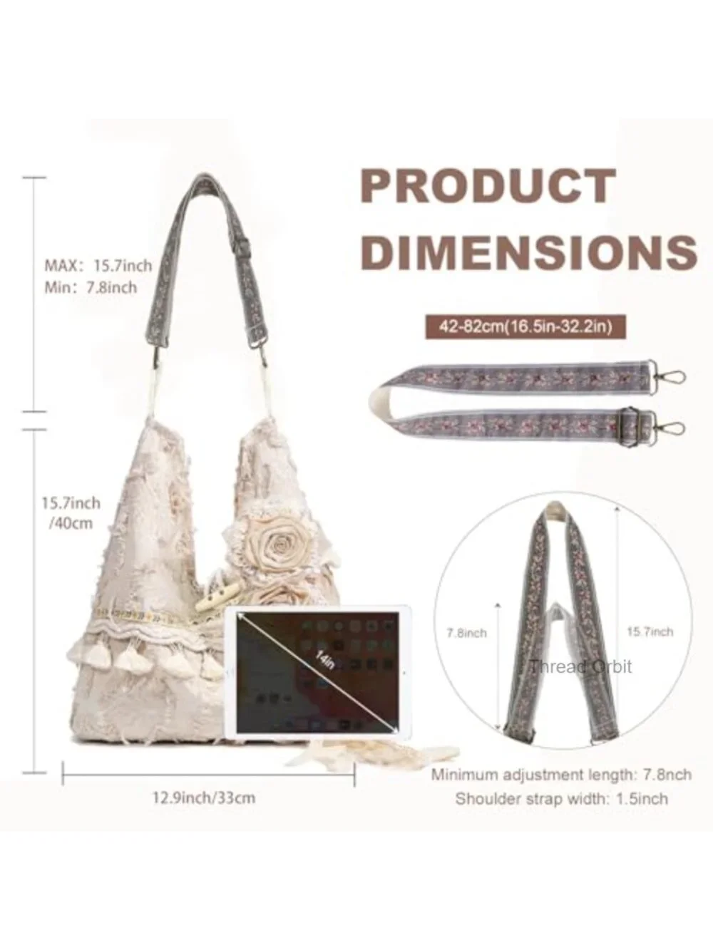 Boho Hobo Handbag Crossbody with Fringe, Removable Flowers, Adjustable Guitar